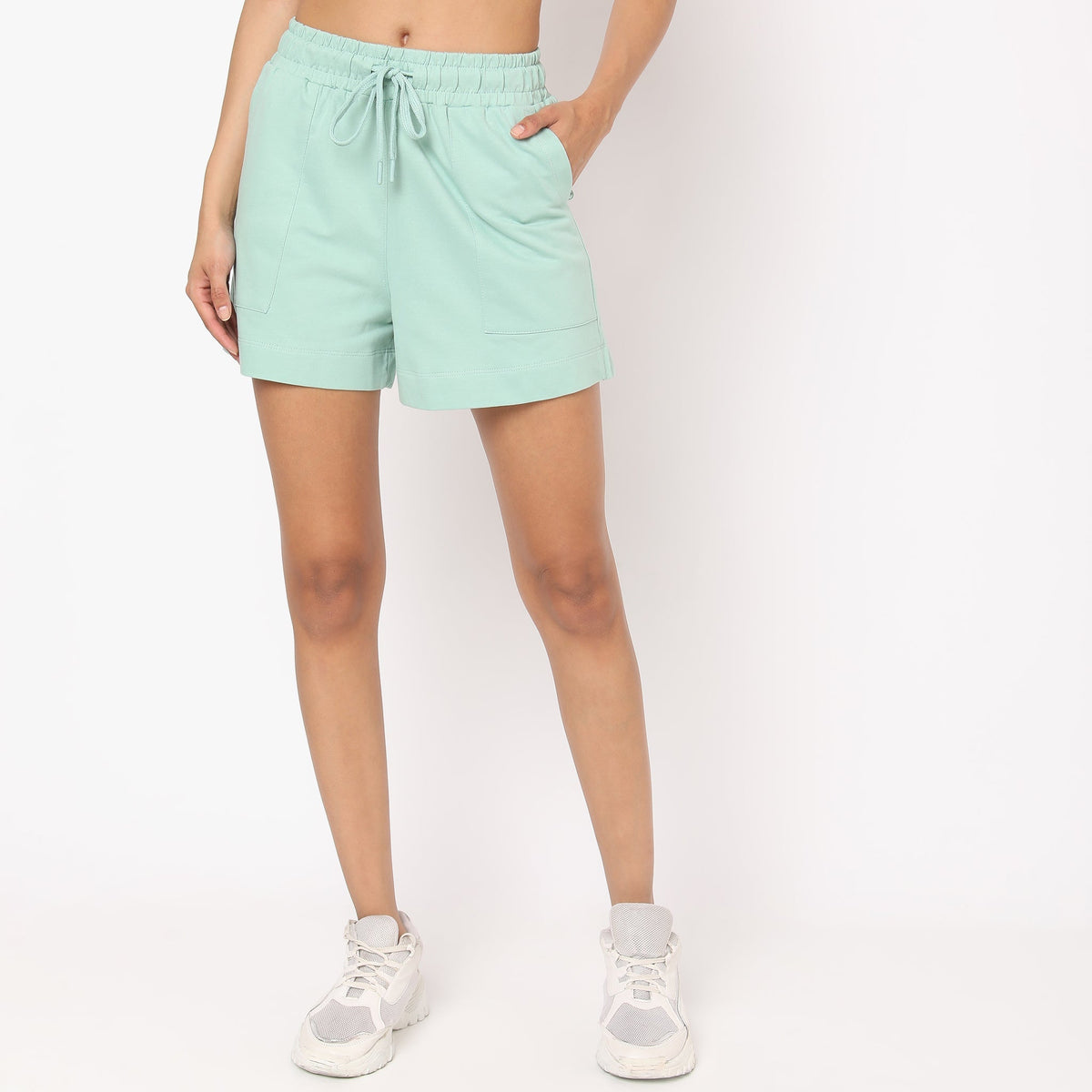 Relaxed Fit Solid High Rise Shorts