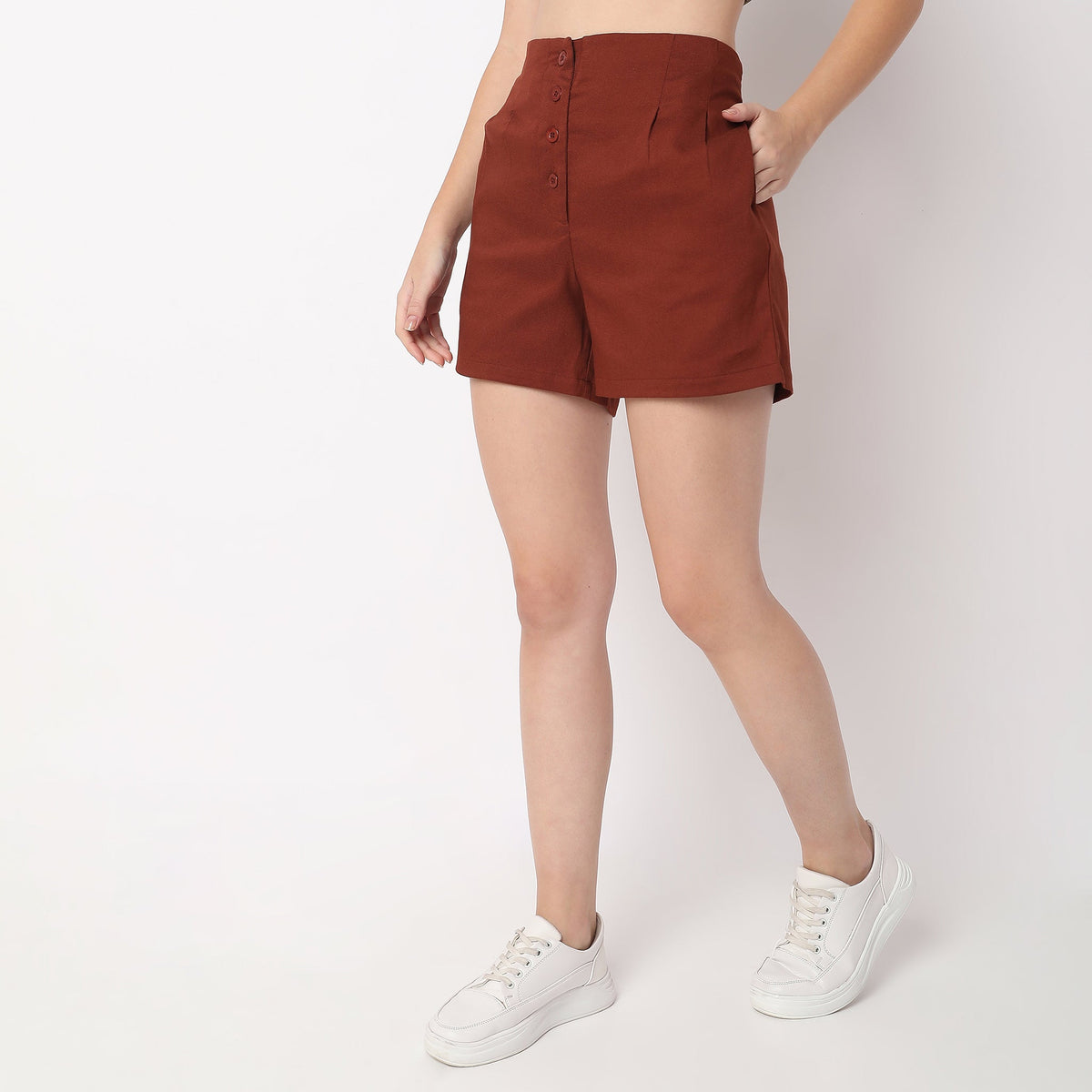 Women Wearing Regular Fit Solid High Rise Short