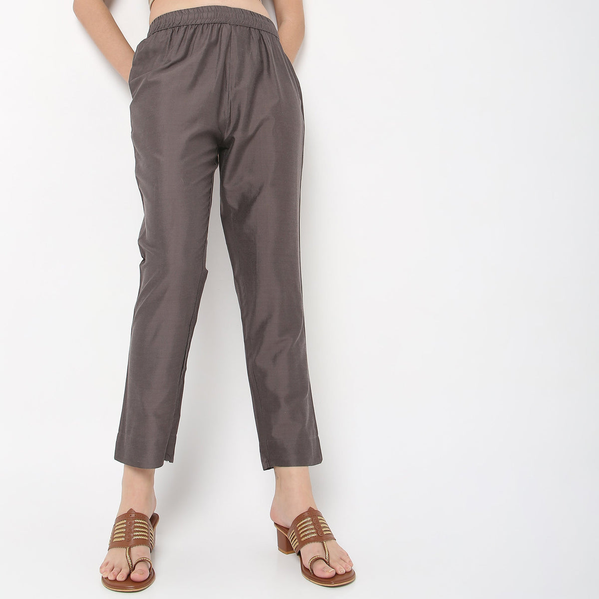 Slim Fit Solid Mid Rise Pants