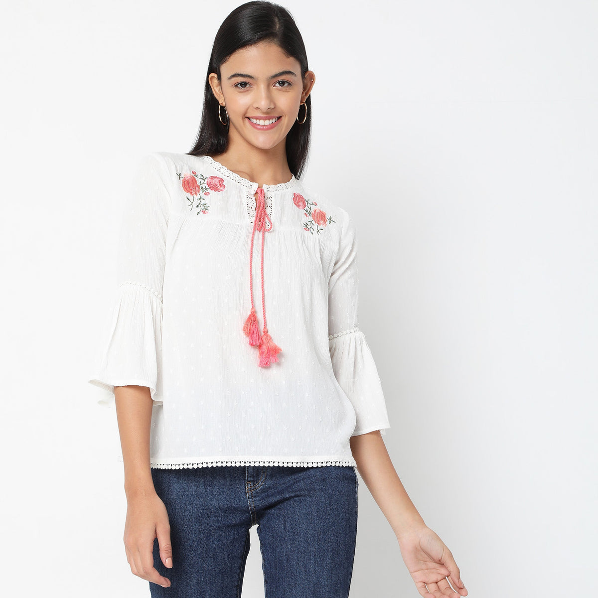 Women Wearing Regular Fit Embroidered Top