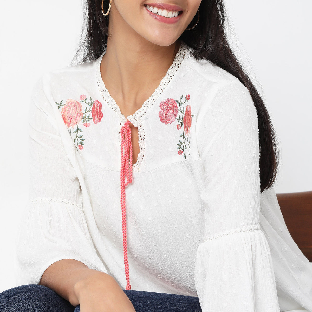 Women Wearing Regular Fit Embroidered Top