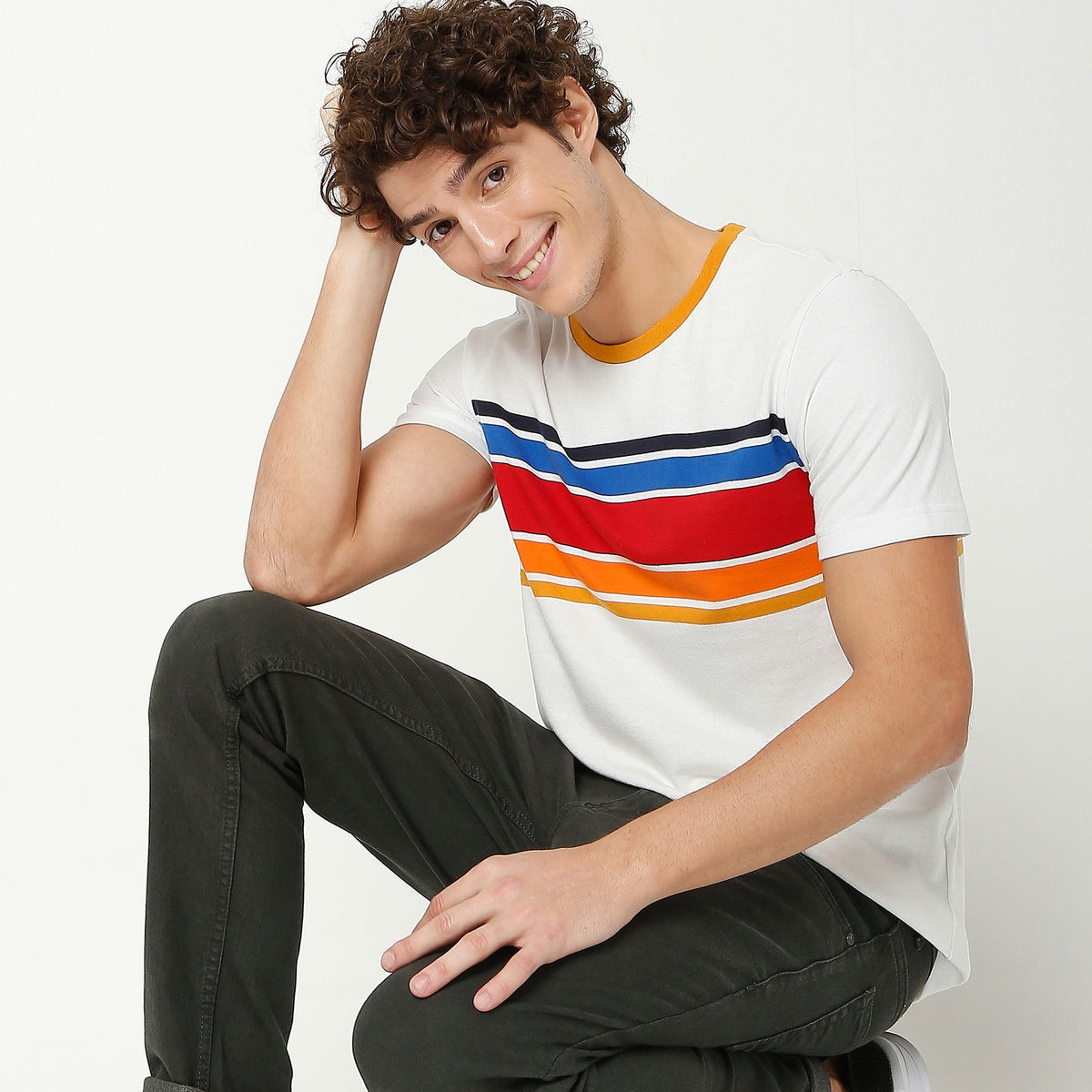 Men Wearing Regular Fit Striped T-Shirt