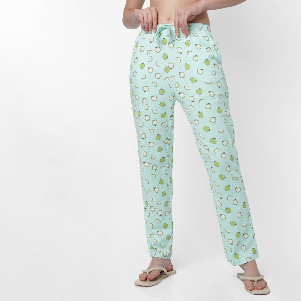 Women Wearing Regular Fit Printed Mid Rise Pyjama