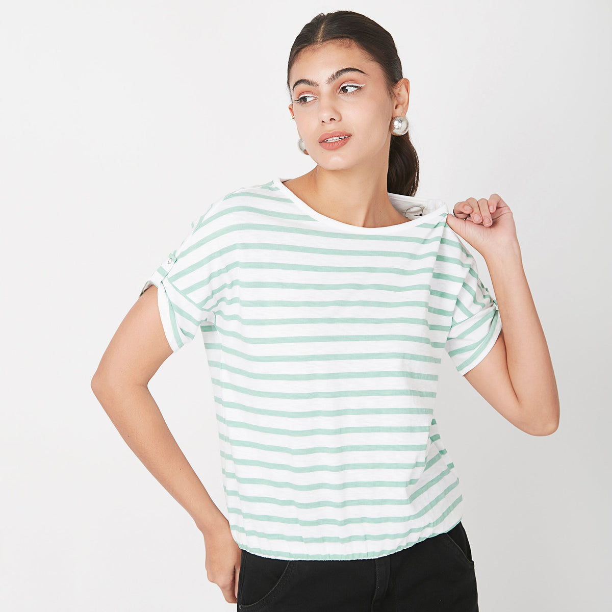 Women Wearing Regular Fit Striped T-Shirt