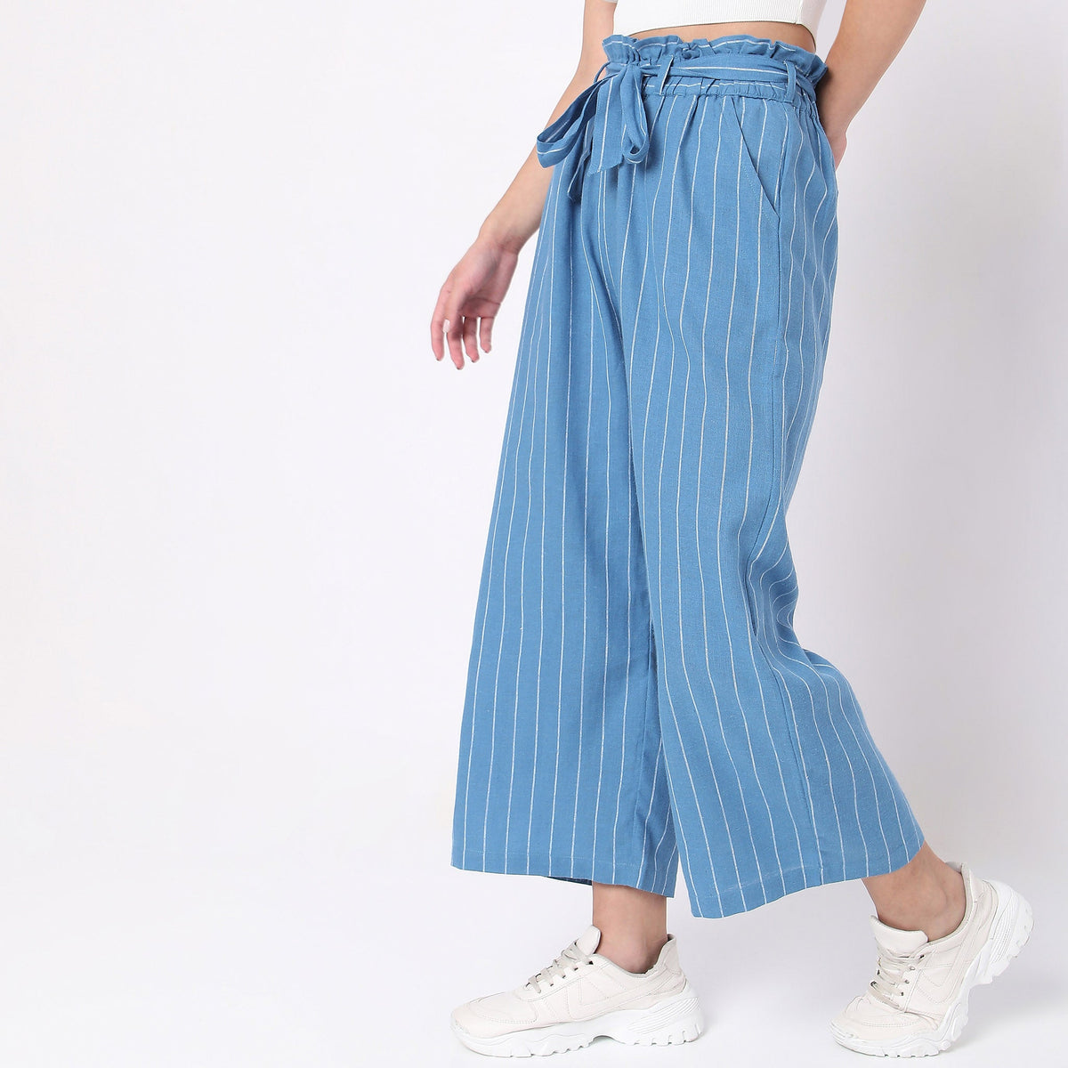 Women Wearing Regular Fit Striped High Rise Palazzo