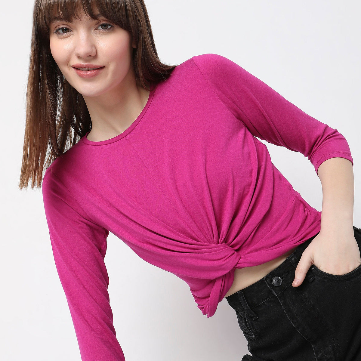 Women Wearing Regular Fit Solid T-Shirt