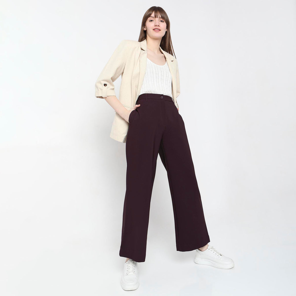 Women Wearing Regular Fit Solid High Rise Trouser