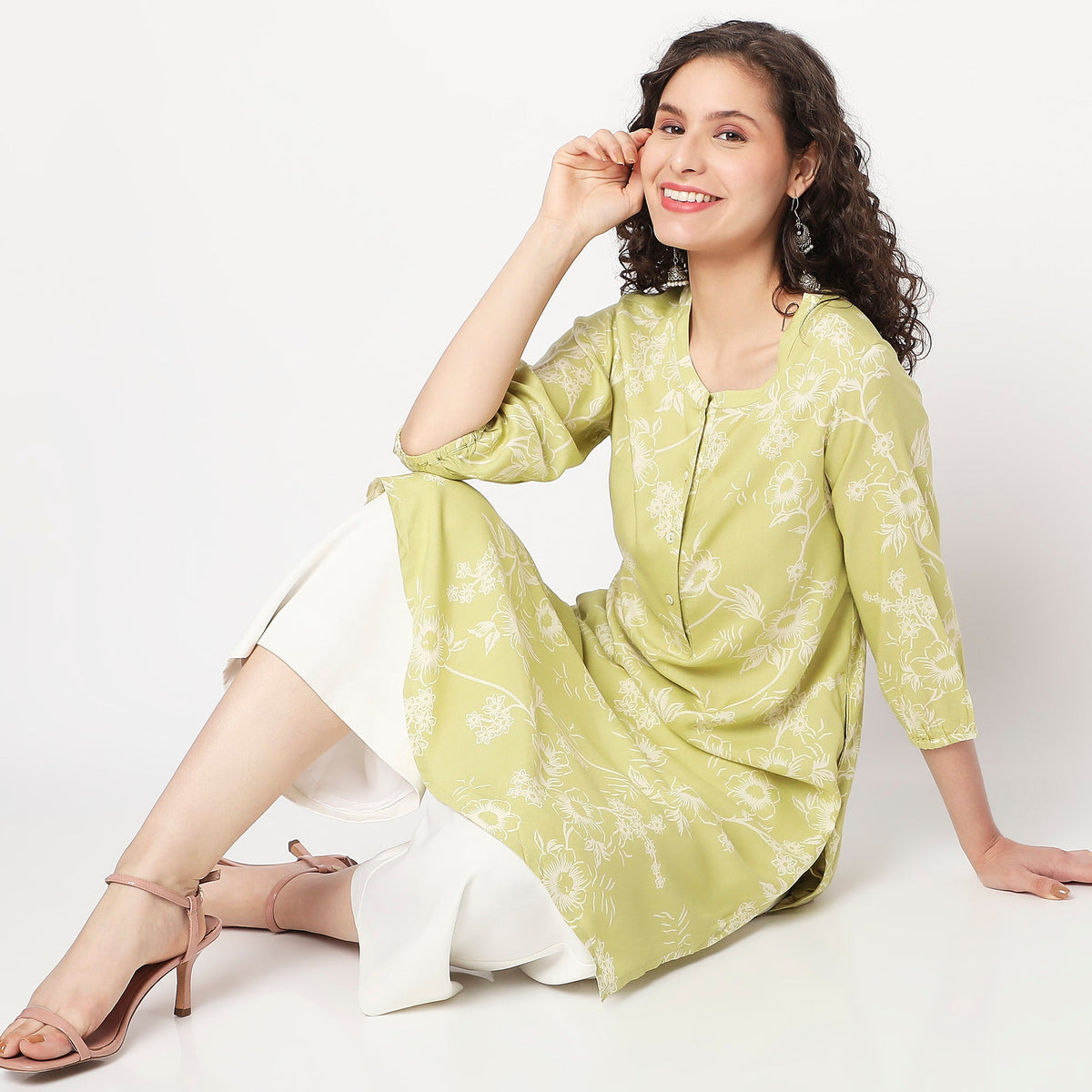 Women Wearing Flare Fit Floral Kurta