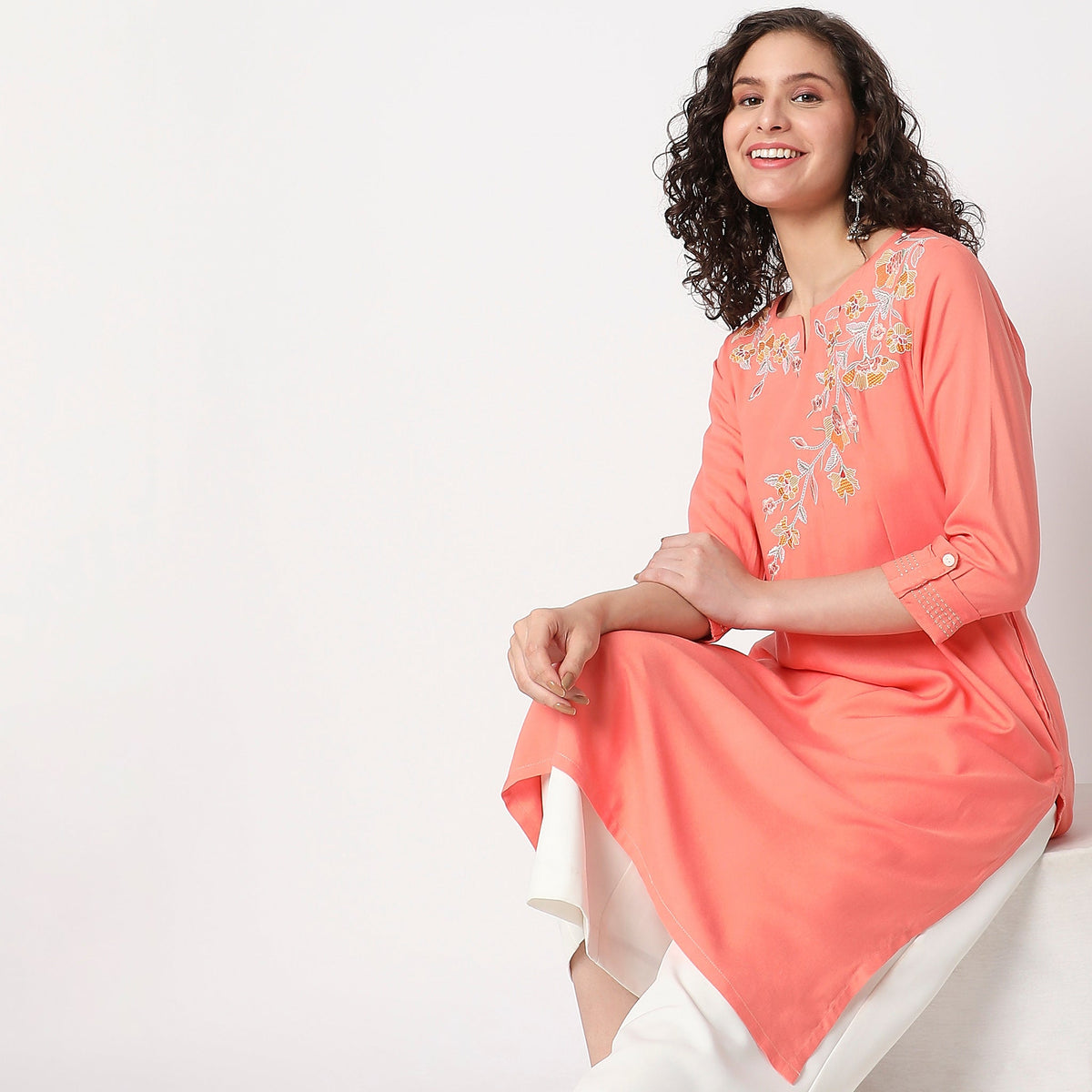 Women Wearing Flare Fit Embroidered Kurta