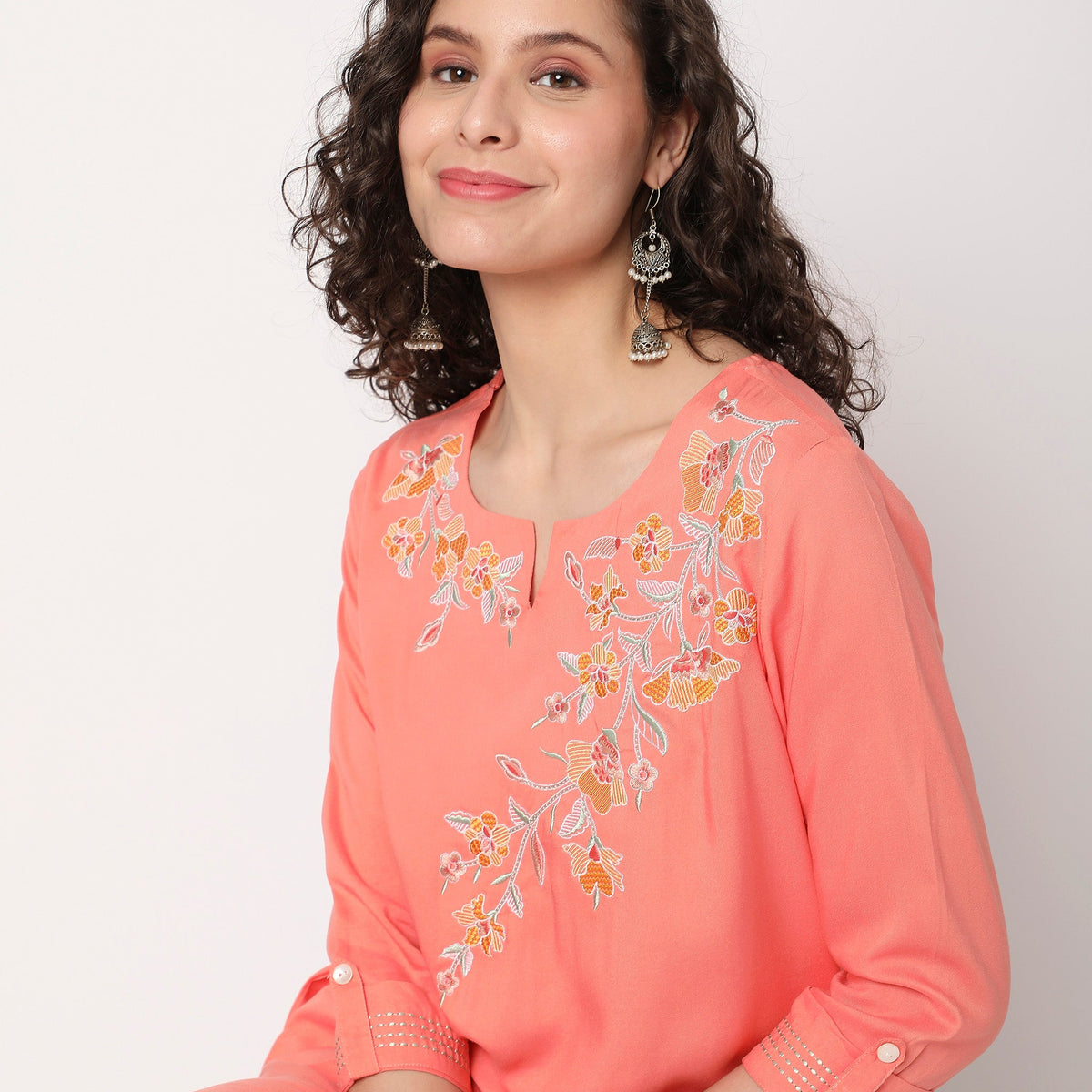 Women Wearing Flare Fit Embroidered Kurta