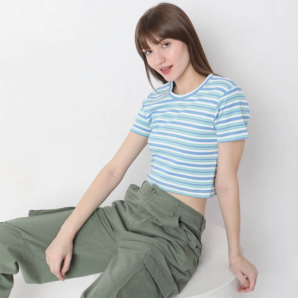 Women Wearing Slim Fit Striped T-Shirt