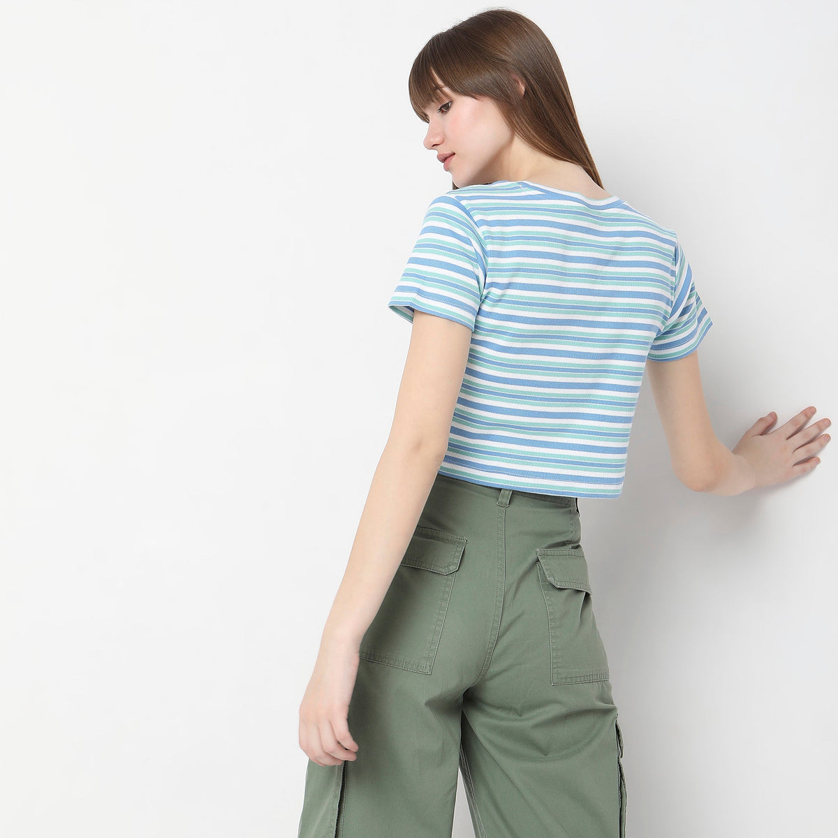 Women Wearing Slim Fit Striped T-Shirt