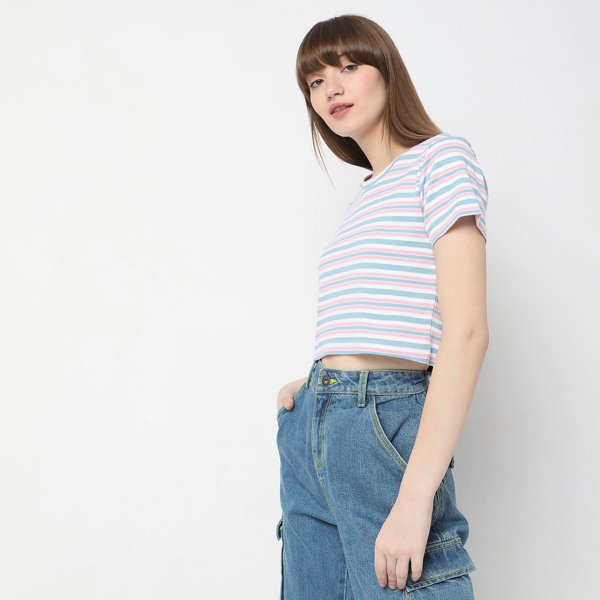 Women Wearing Slim Fit Striped T-Shirt