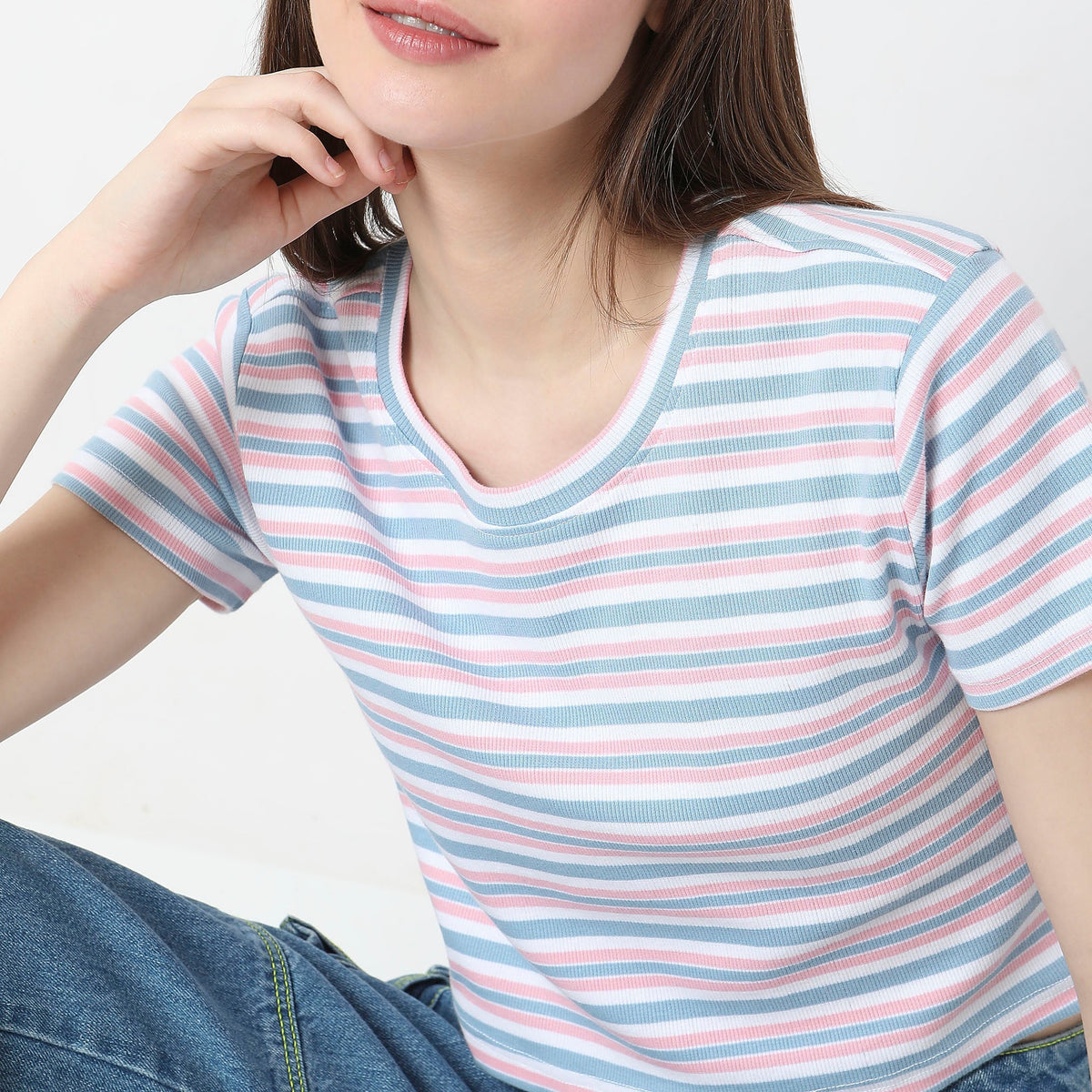 Women Wearing Slim Fit Striped T-Shirt