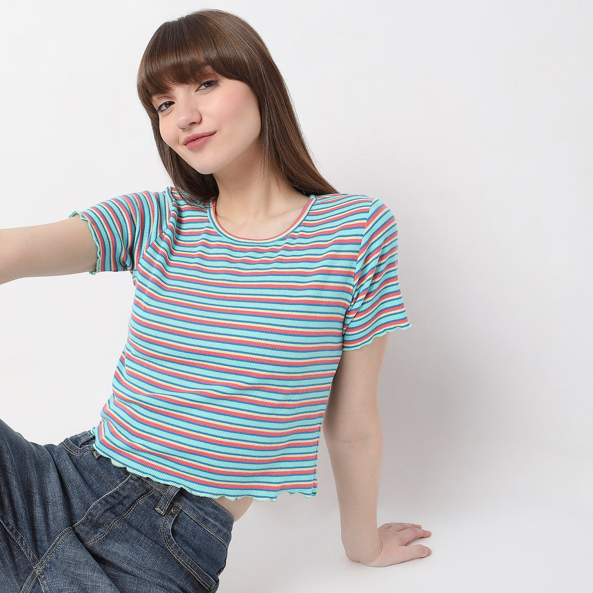 Women Wearing Slim Fit Striped T-Shirt