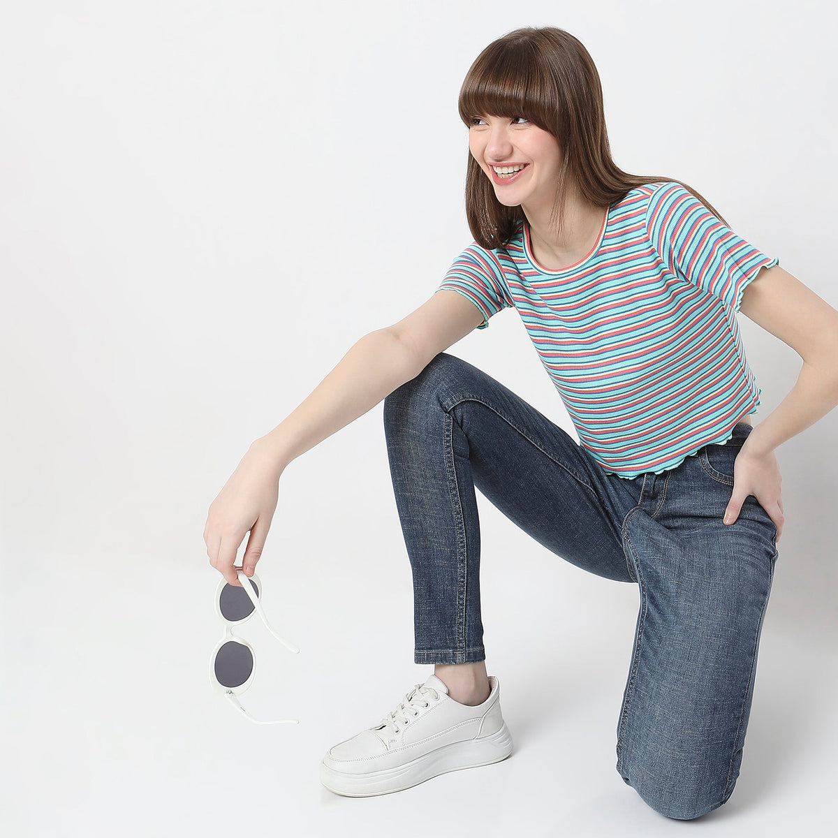 Women Wearing Slim Fit Striped T-Shirt