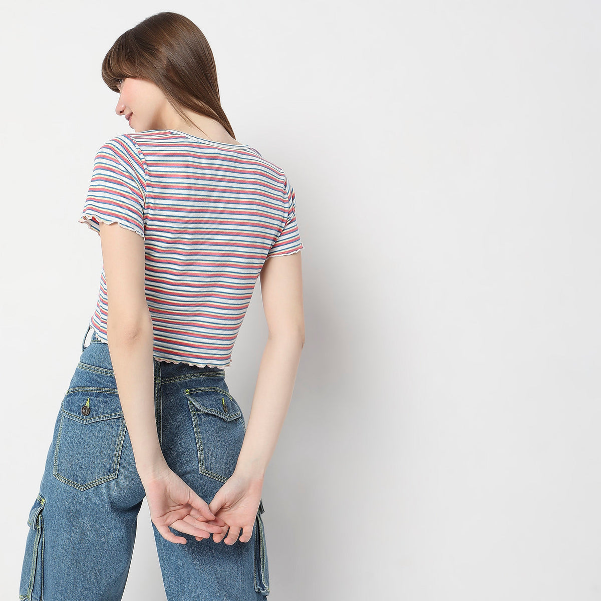 Women Wearing Slim Fit Striped T-Shirt