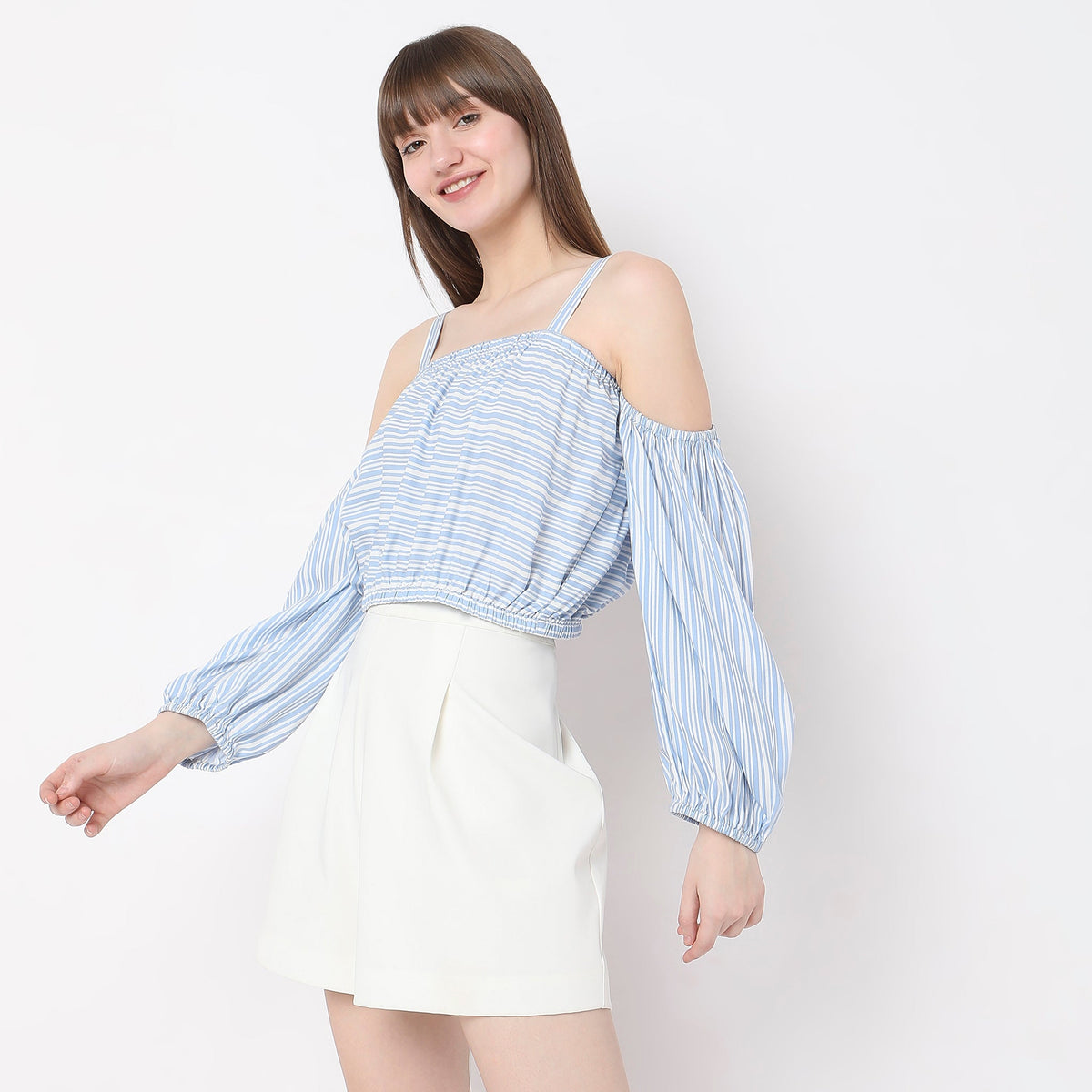 Women Wearing Flare Fit Striped Top