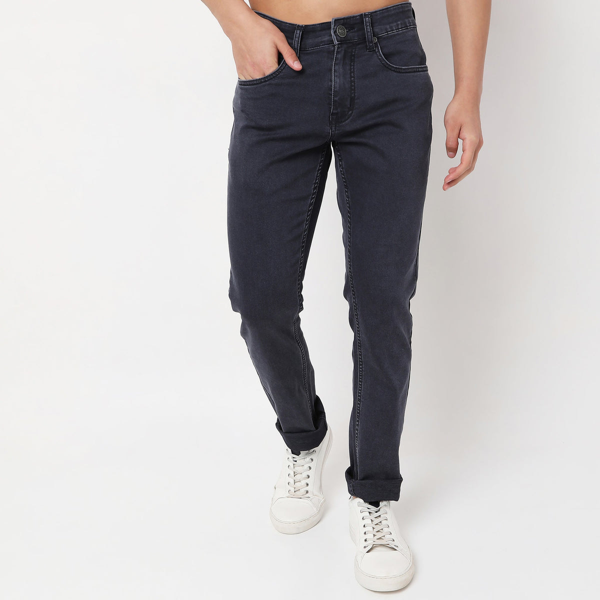 Straight Fit Solid Mid Rise Jeans