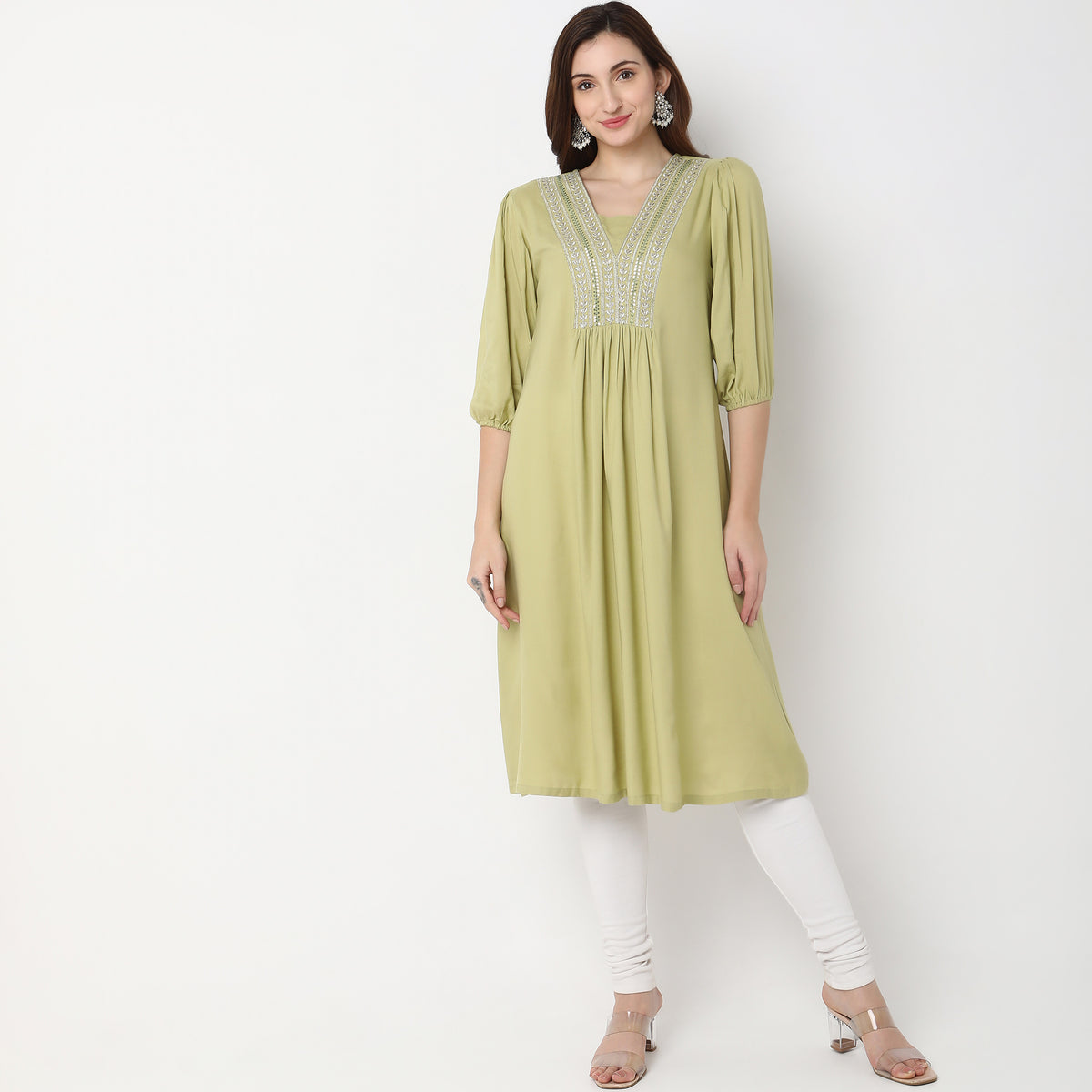 Women Wearing Flare Fit Embroidered Kurta