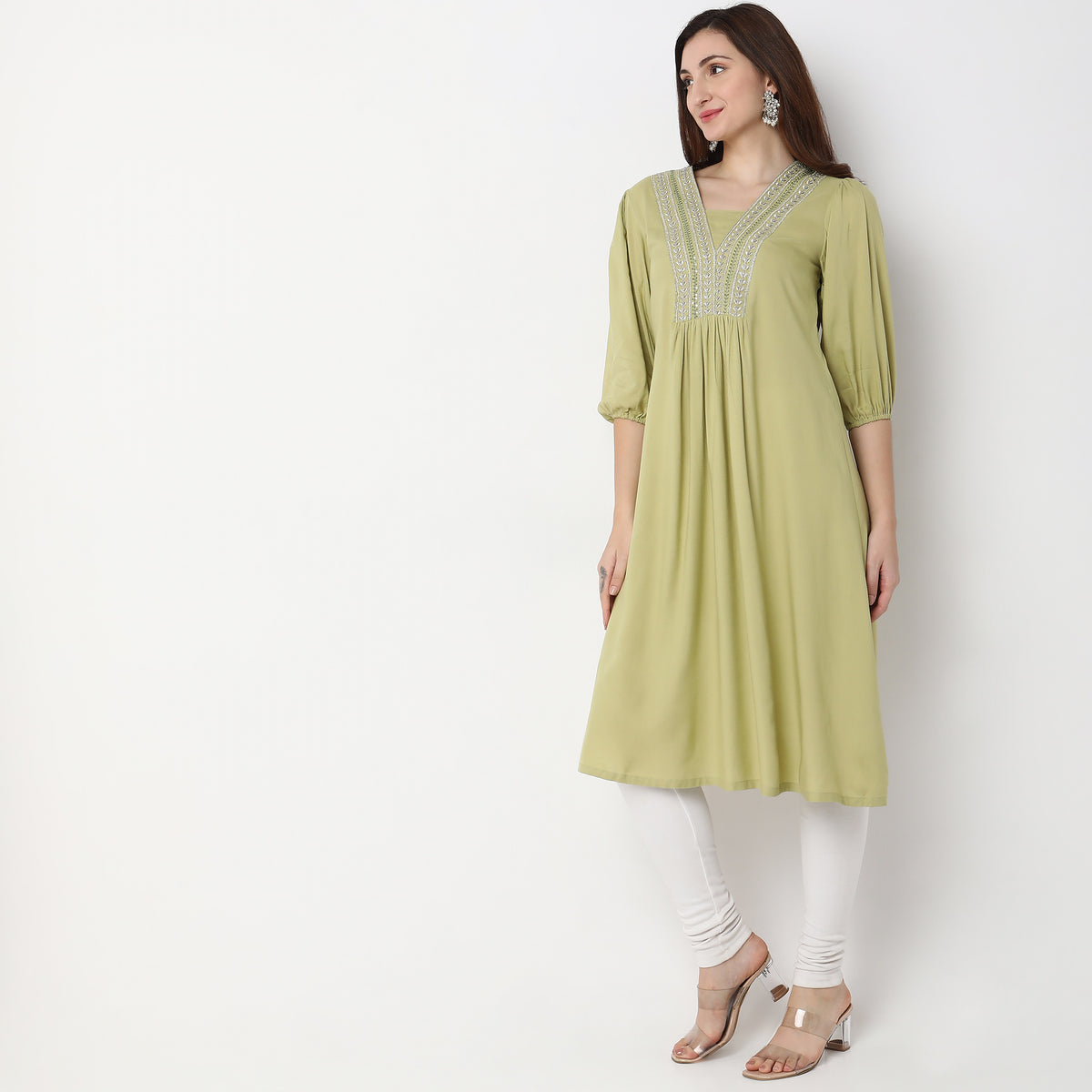 Women Wearing Flare Fit Embroidered Kurta