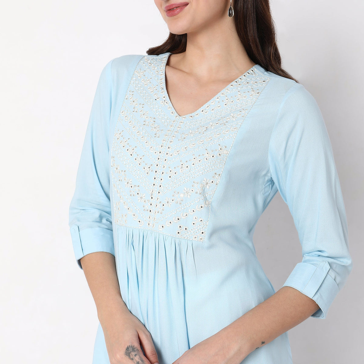 Women Wearing Flare Fit Embroidered Kurta