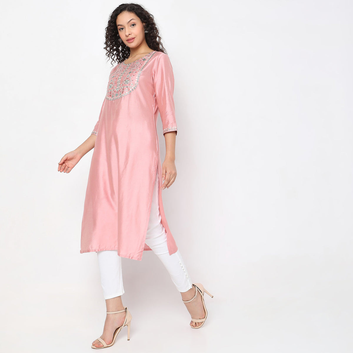 Women Wearing Flare Fit Embroidered Kurta