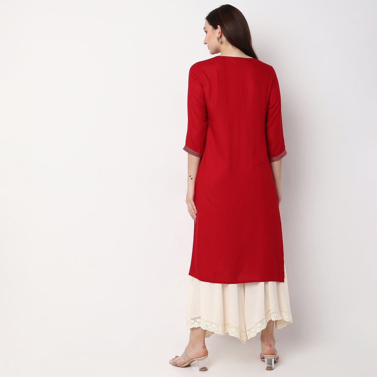 Women Wearing Straight Fit Embroidered Kurta