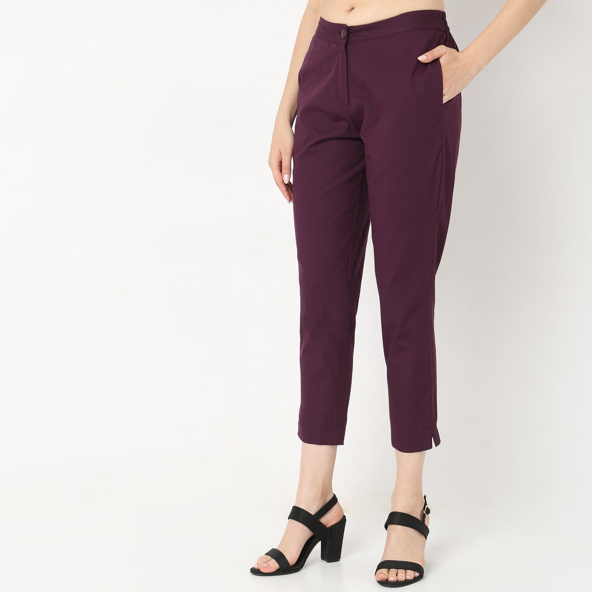 Slim Fit Solid Mid Rise Pants