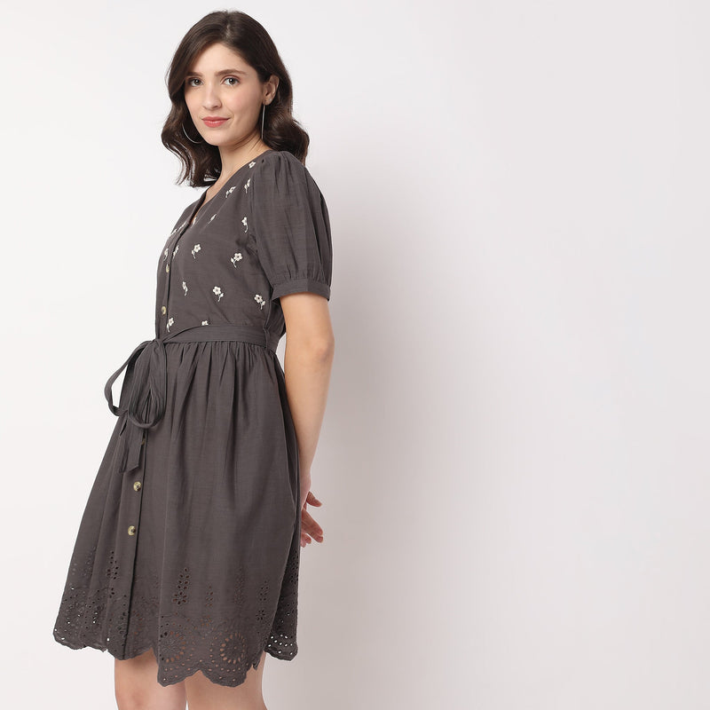 Women Wearing Flare Fit Embroidered Dress