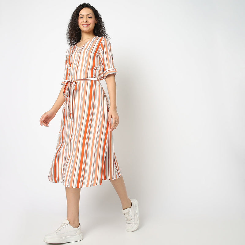 Women Wearing Flare Fit Striped Dress