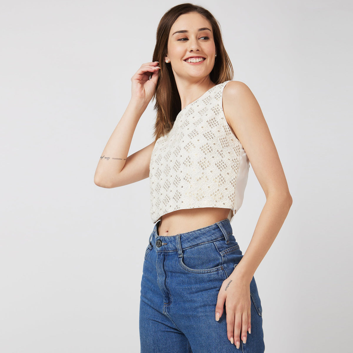 Women Wearing Slim Fit Embellished Crop Top