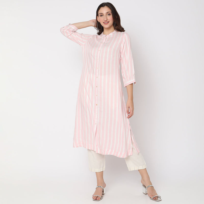 Women Wearing Flare Fit Striped Kurta