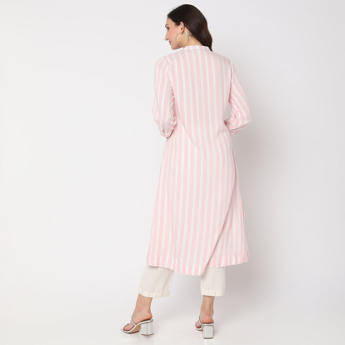 Women Wearing Flare Fit Striped Kurta