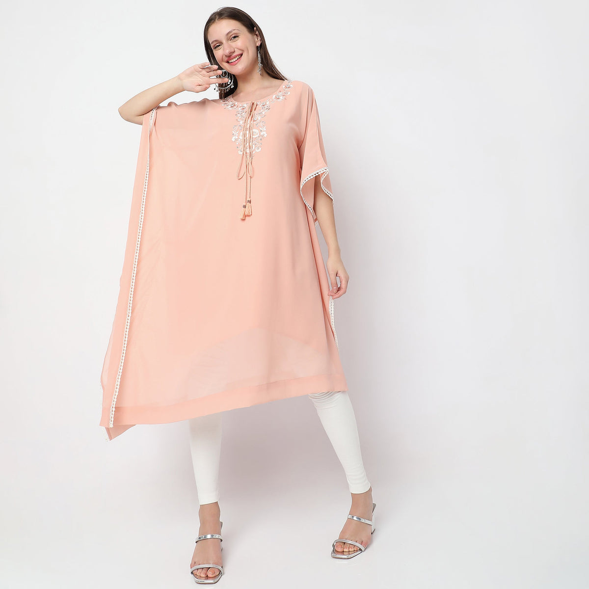 Women Wearing Boxy Fit Embroidered Kurta