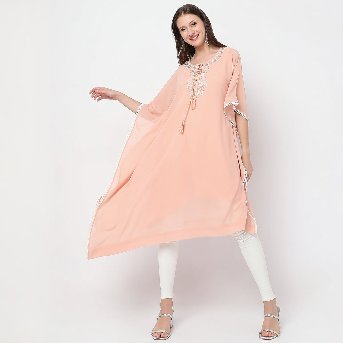 Women Wearing Boxy Fit Embroidered Kurta