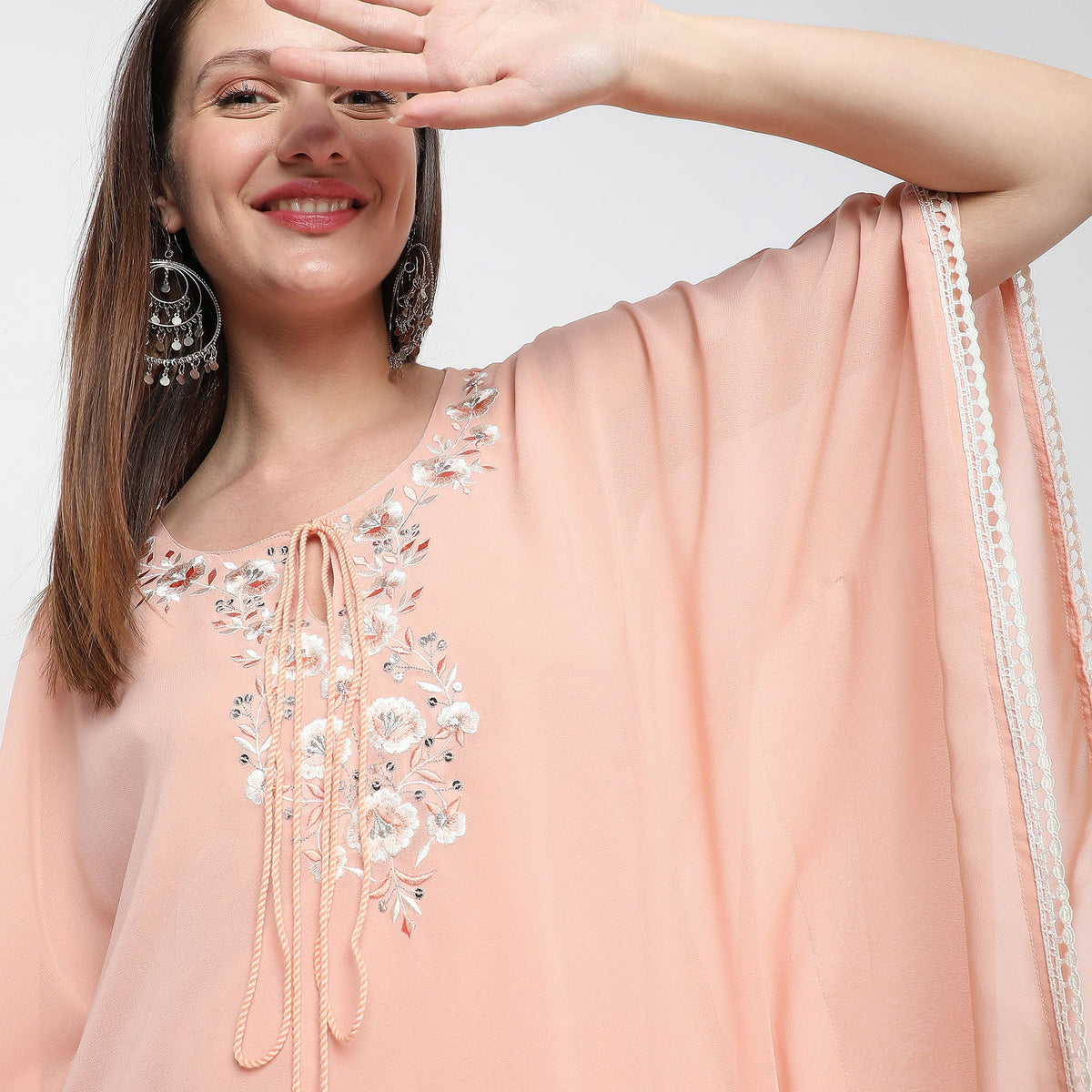 Women Wearing Boxy Fit Embroidered Kurta