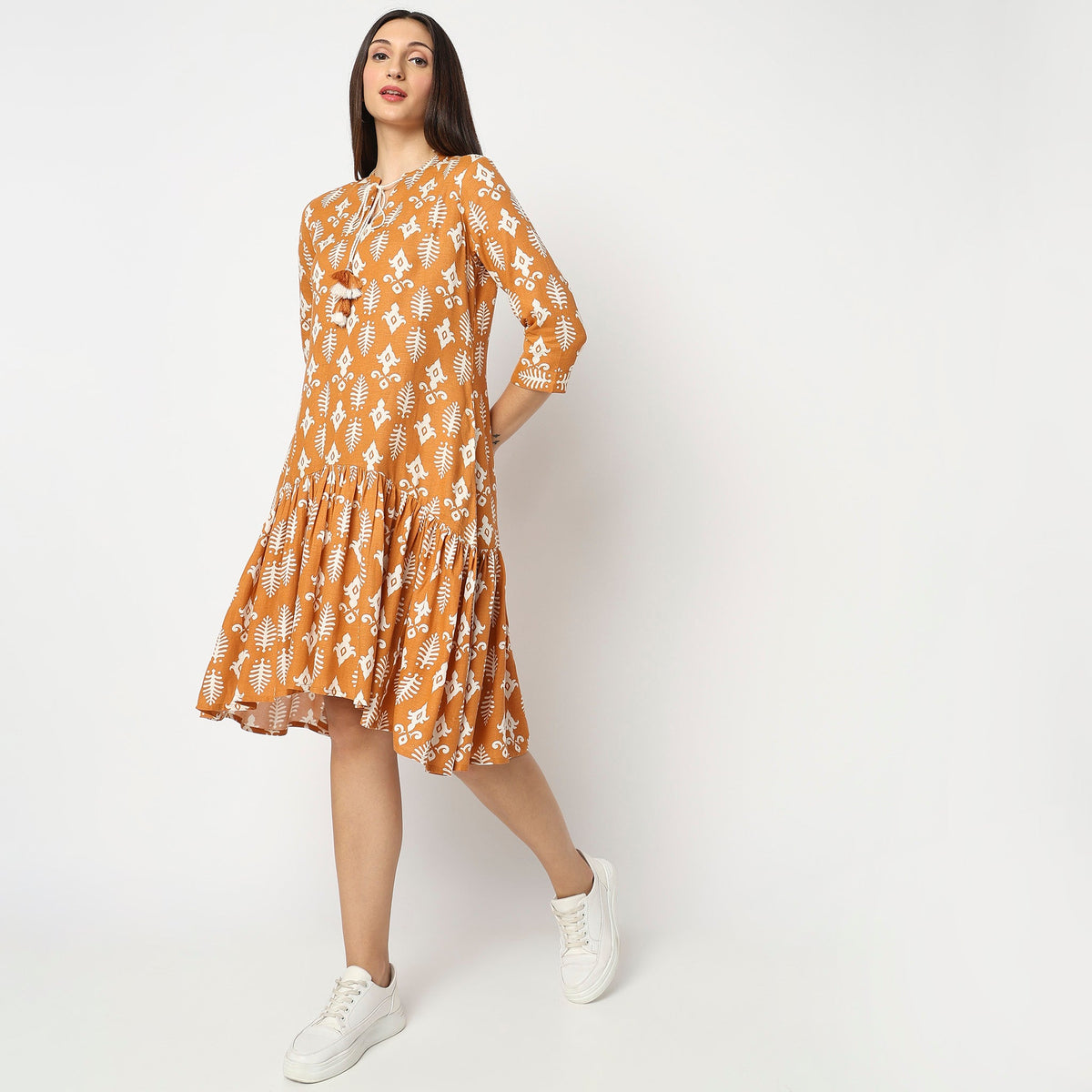 Women Wearing Flare Fit Printed Dress