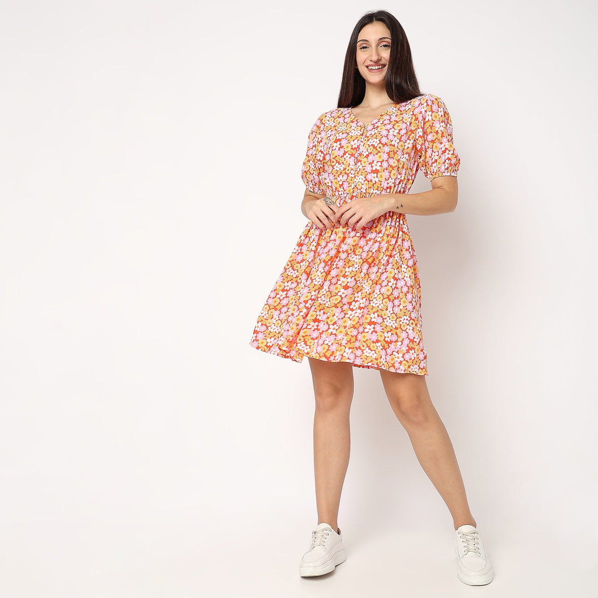 Women Wearing Flare Fit Floral Dress