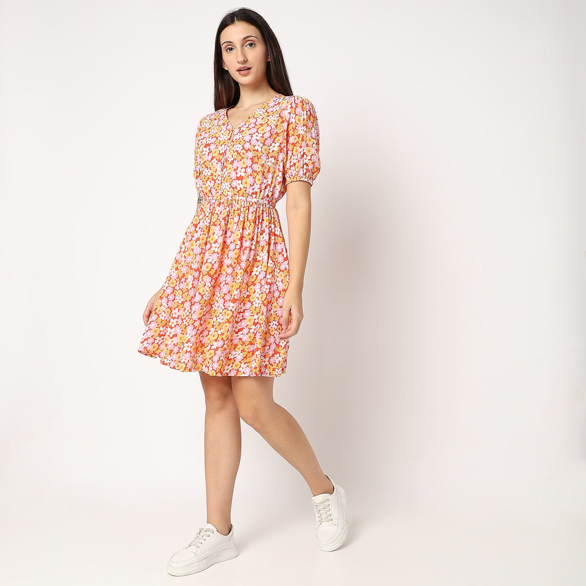 Women Wearing Flare Fit Floral Dress