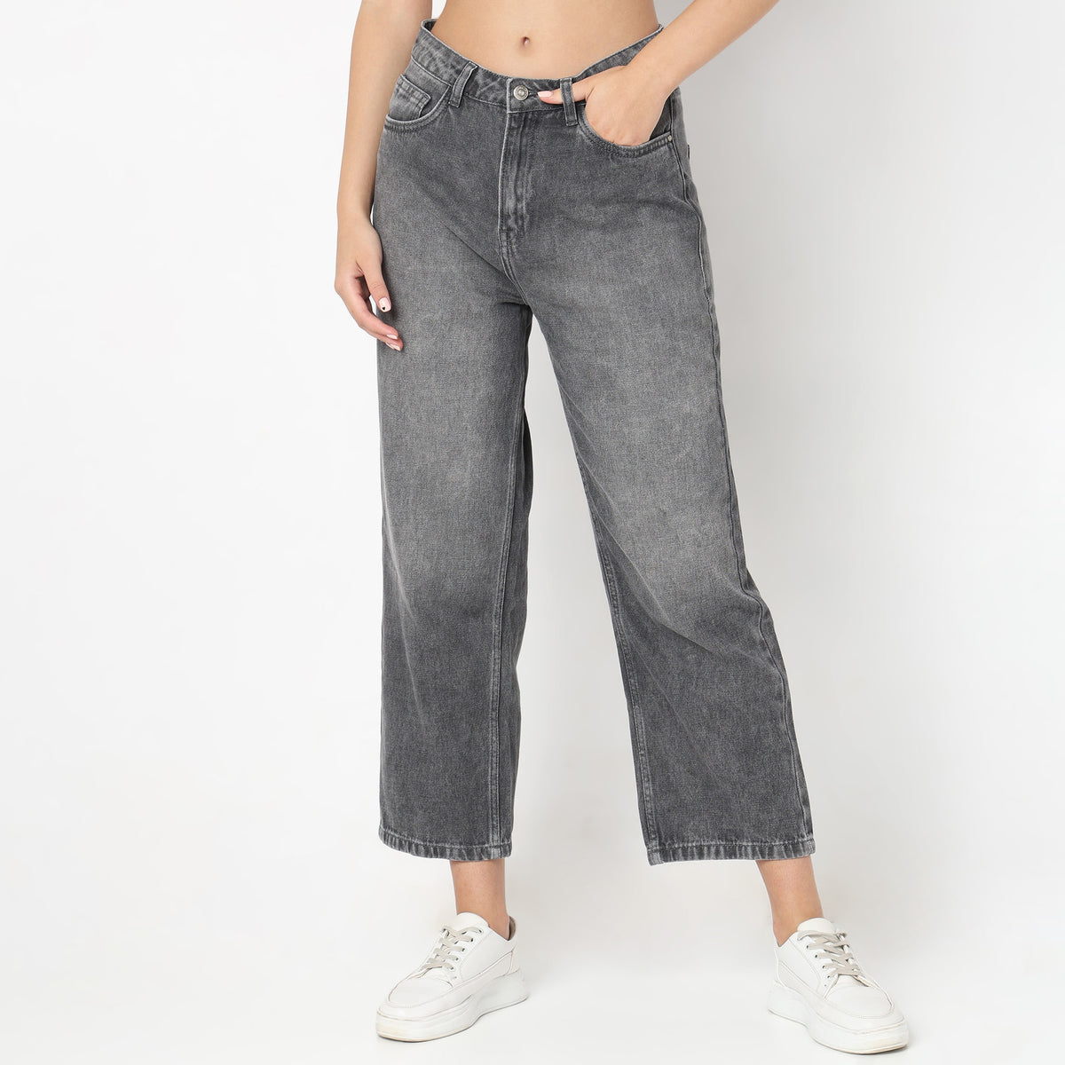 Straight Fit Solid High Rise Jeans