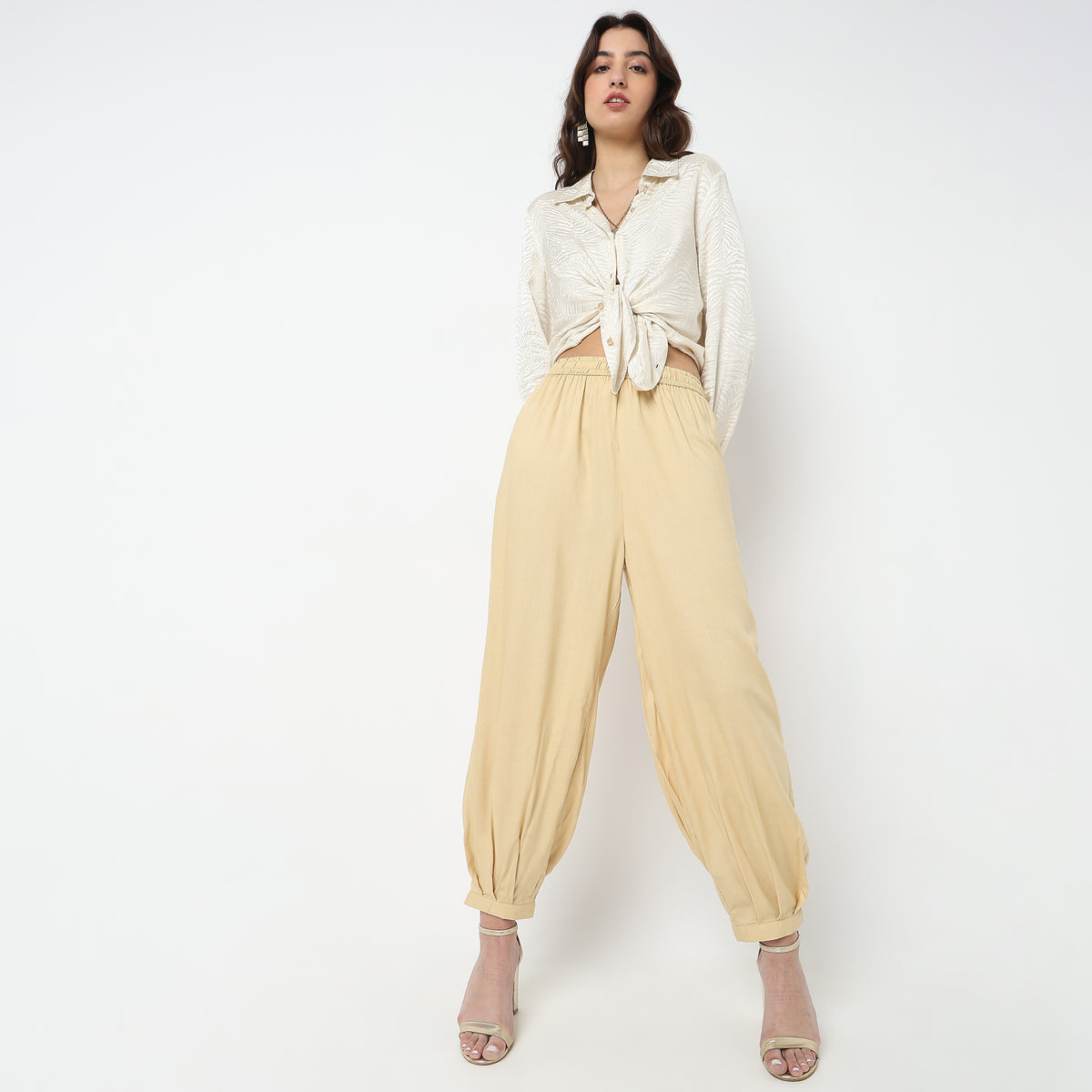 Relaxed Fit Solid High Rise Pants