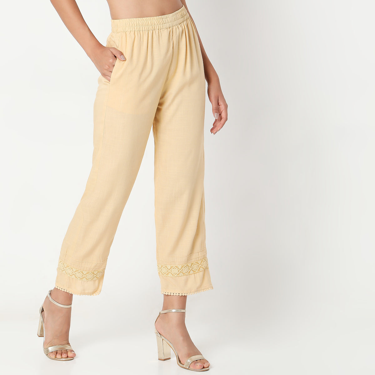 Straight Fit Solid Mid Rise Ethnic Pants