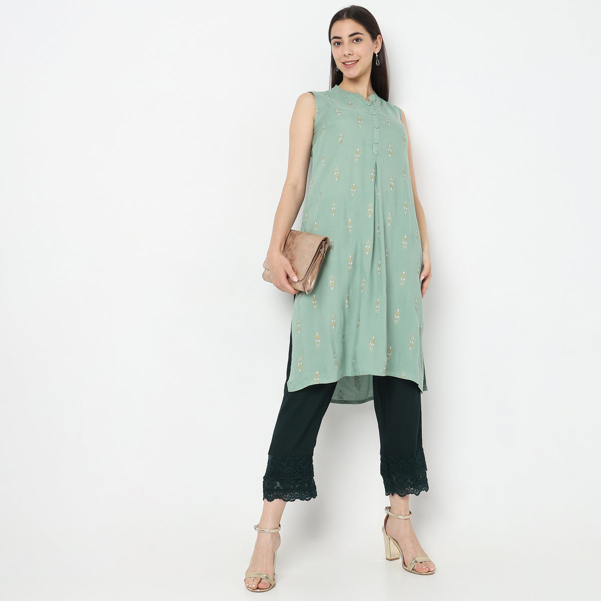 Straight Fit Solid Mid Rise Ethnic Pants