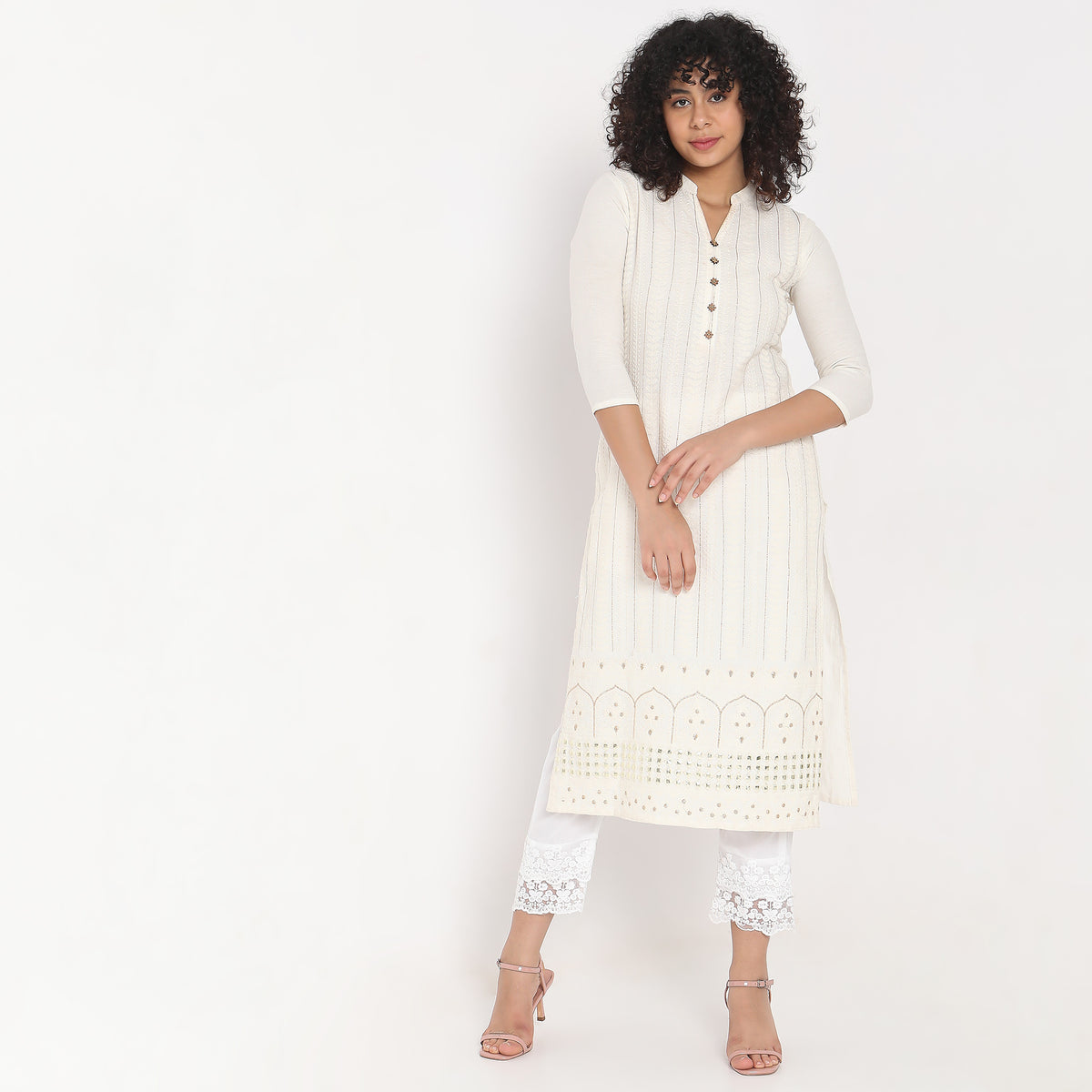 Straight Fit Solid Mid Rise Ethnic Pants