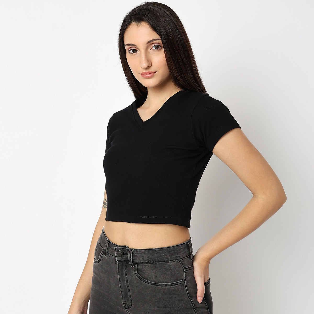 Women Wearing Slim Fit Solid T-Shirt