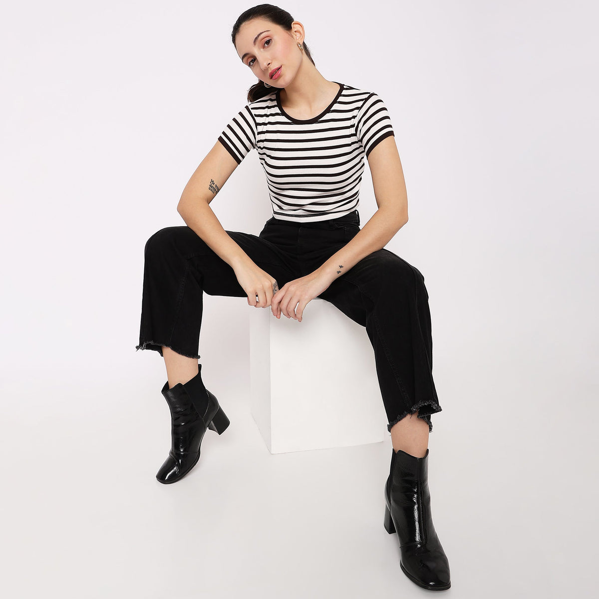 Women Wearing Slim Fit Striped T-Shirt