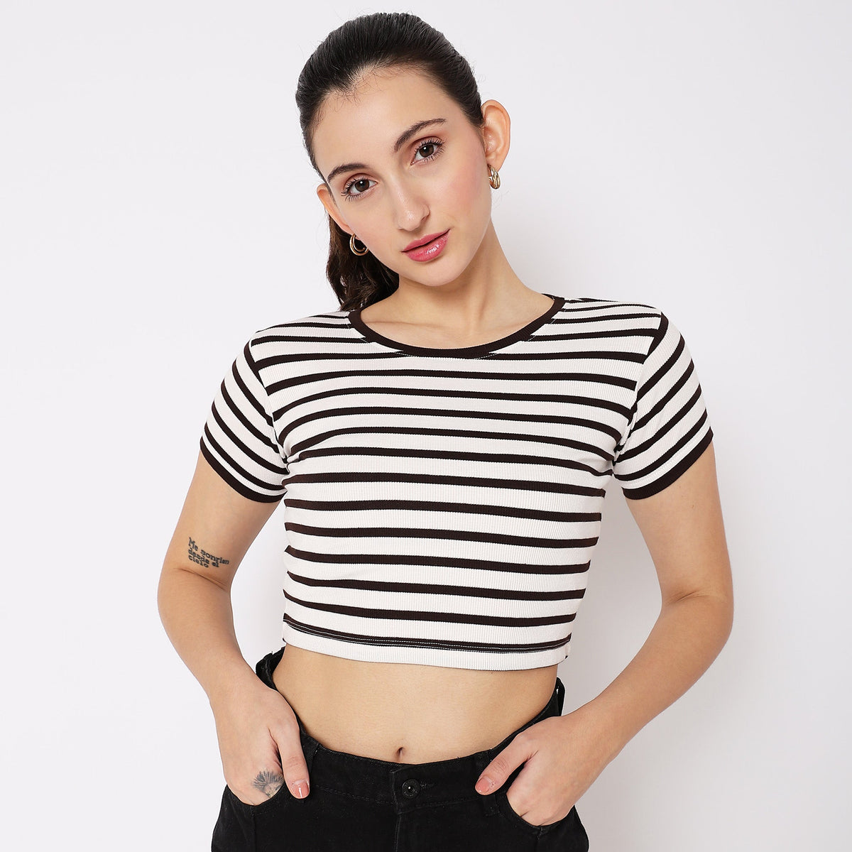 Women Wearing Slim Fit Striped T-Shirt