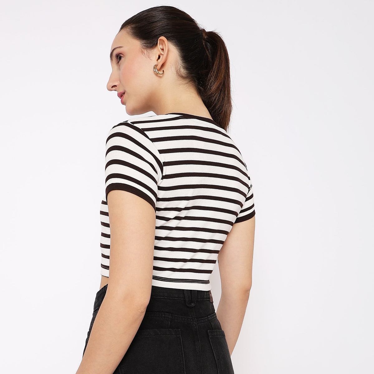 Women Wearing Slim Fit Striped T-Shirt