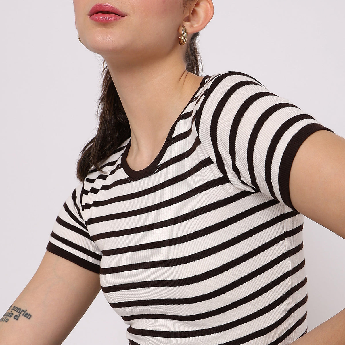 Women Wearing Slim Fit Striped T-Shirt